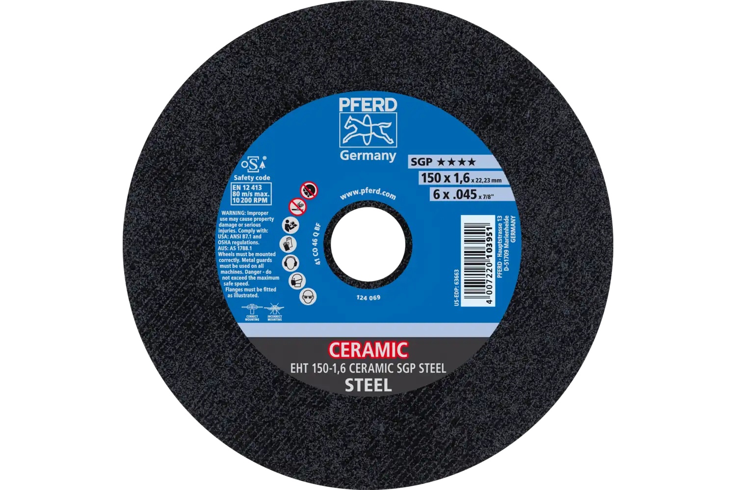 Picture of Pferd Cut-Off Wheel, 6" X .045 X 7/8, Ceramic Sgp Steel, T1, Ceramic Oxide